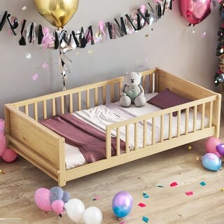 Sturdy Structure Floor Twin size Platform Bed with Built-in Book Storage Rack,Kids and Baby