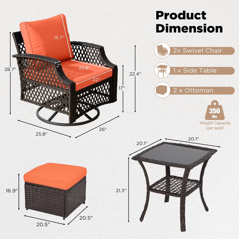 Outdoor Wicker Patio Set w Swivel Chairs & Sofa, Ottomans and Tables, Modular 3/5/6/7-Piece, All-Weather Conversation Set.