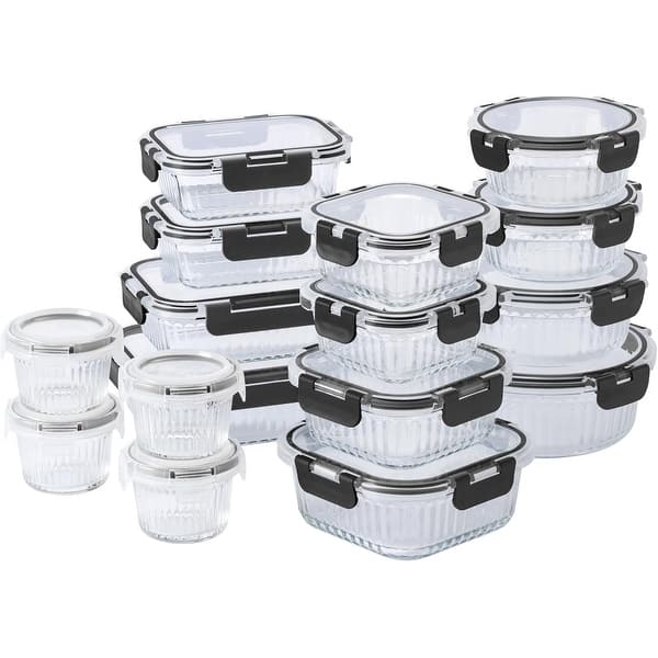 COOK WITH COLOR Premium 32-Pc. Borosilicate Glass Food Container Set with Dividers Leakproof Lids - Meal Prep, Storage - Fluted Black