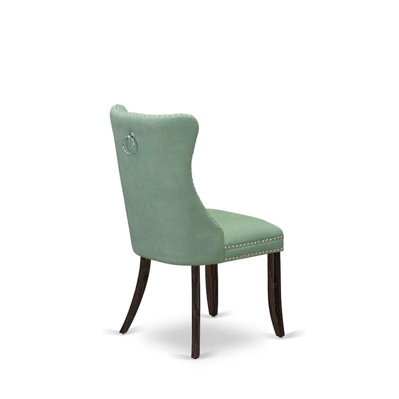 Parsons Dining Chairs Set of 2 - Tufted Faux Leather Accent Chairs - Green Nailhead Trim - Distressed Wood Legs