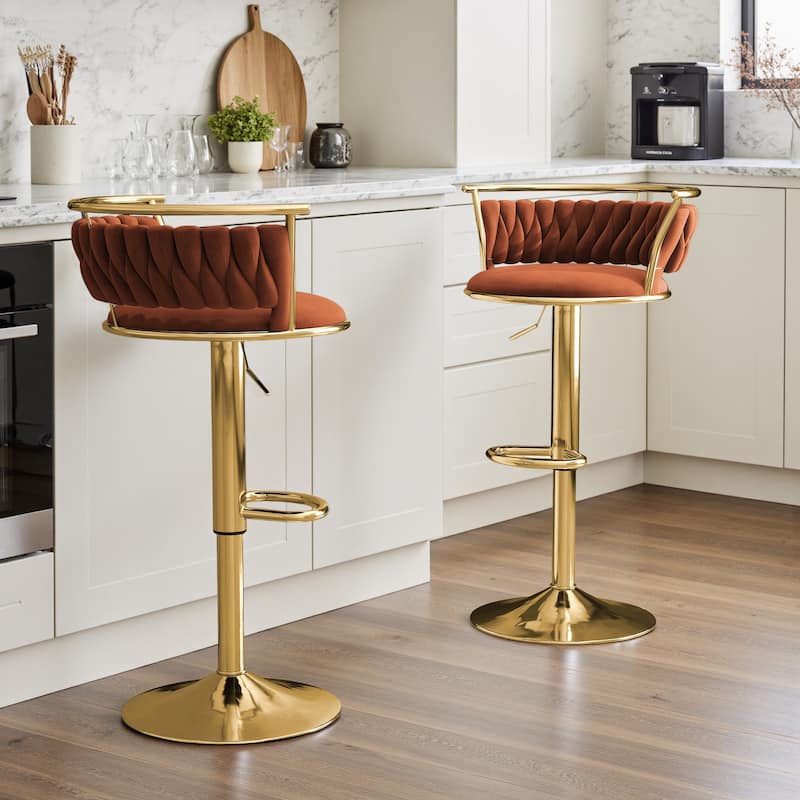 Set of 2 Velvet Adjustable Swivel Bar Stools - Gold/Orange
