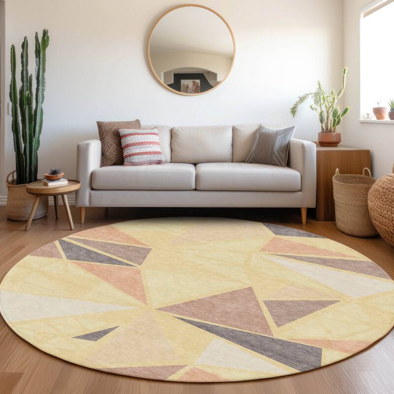 Machine Washable Indoor/ Outdoor Abstract Mosaic Chantille Rug - Wheat - 8' x 8'