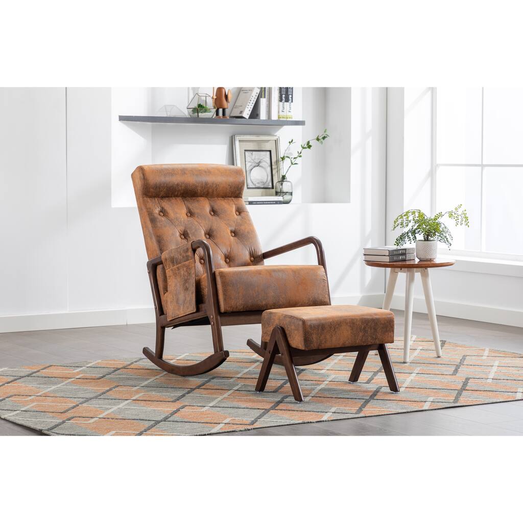 Rocking Chair With Ottoman, Upholstered Fabric Rocking Armchair with Thick Padded Cushion for Living Room