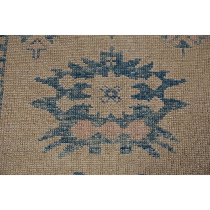 Hand Knotted Oriental 100% Wool Carpet Transitional Geometric Beige & Ivories Oushak Runner Rug - 14' 2'' X 3' 4''