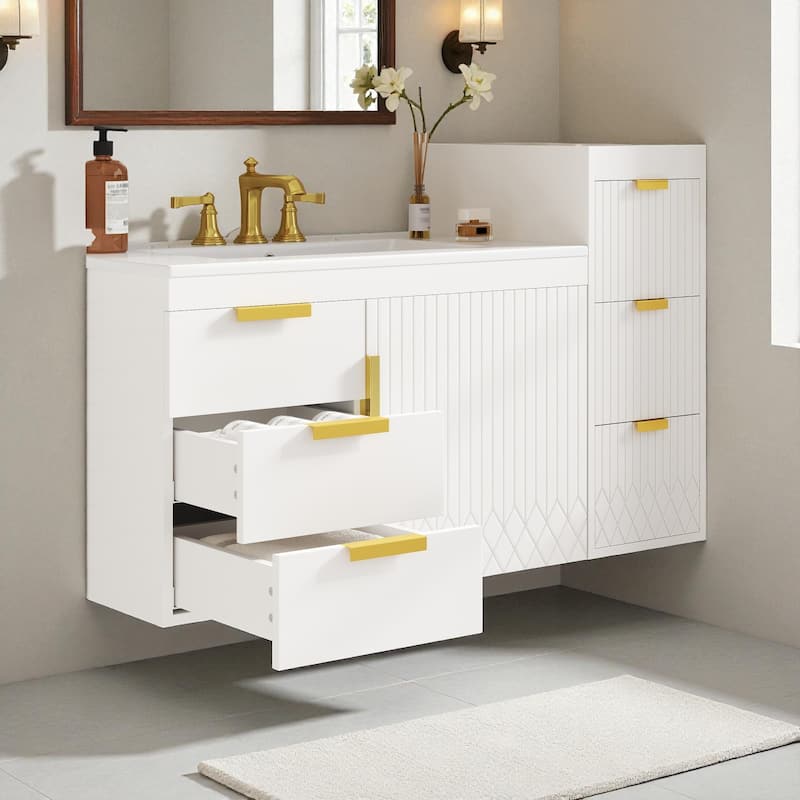 30" Wall Mounted Bathroom Vanity with Sink and Side Cabinet, Modern Floating Bathroom Cabinet with Soft-Close Doors and Drawers