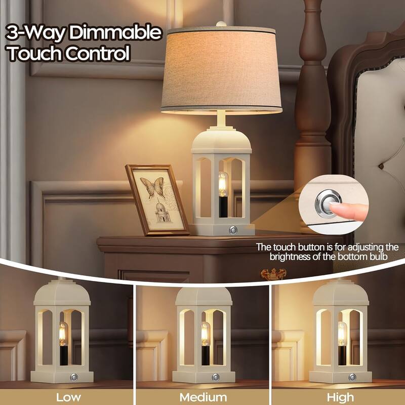 Anmytek Farmhouse Table Lamps Set of 2 White Rustic Touch Dimmable Lamp with USB Charging Nightlight