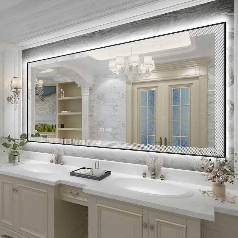 KIOTEE Metal Frame Frontlit & Backlit Anti-Fog Tempered Glass Bathroom Vanity Mirror Wall Mirror with ETL and 3-Year Warranty - 77x36