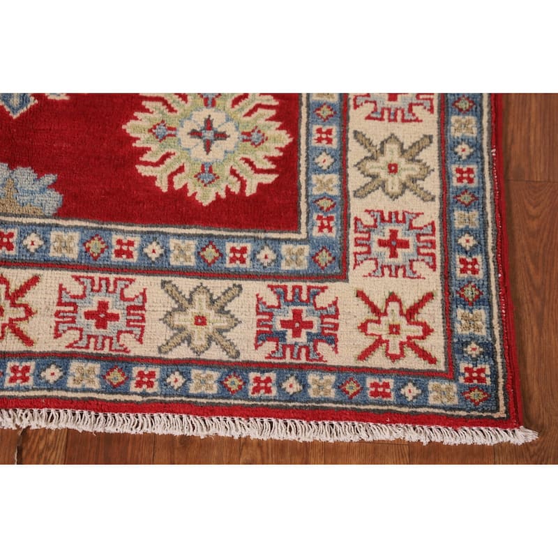 Red Geometric Kazak Oriental Accent Rug Hand-Knotted Wool Carpet - 3'4"x 4'10"