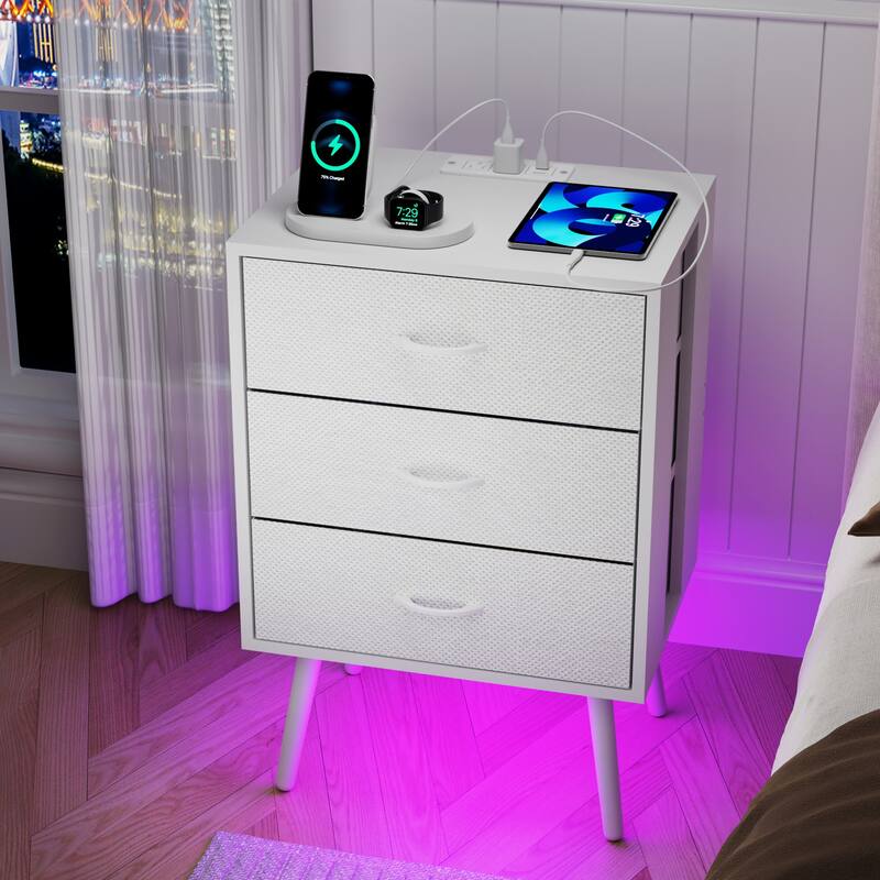 2 Pack Modern Nightstand with Charging Station, Bedside Tables with LED Light and Fabric Drawers