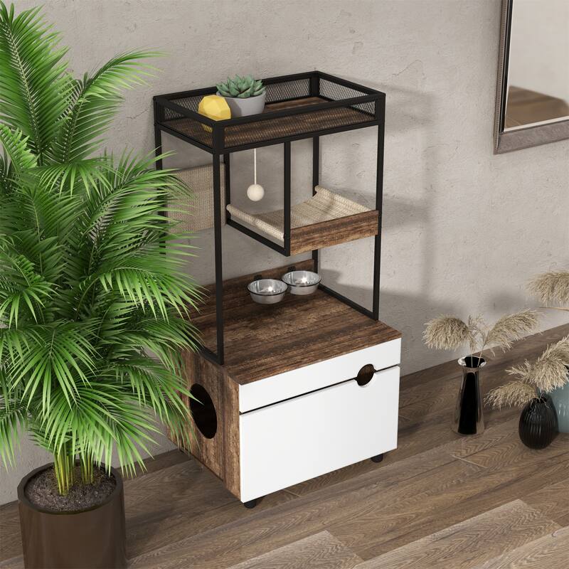 Hidden Cat Litter Box Enclosures with Cat Tree Tower - White+Vintage