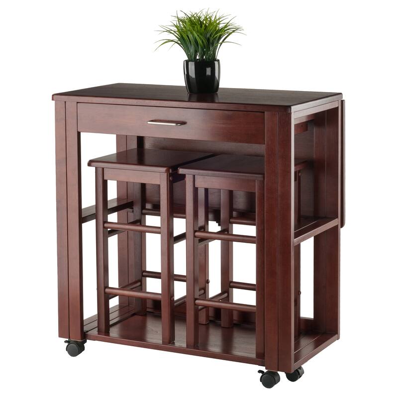 3 Piece Compact Kitchen Table Set with Storage Drawer and Rolling Casters - 30.63 x 31.57 x 31.73 inches