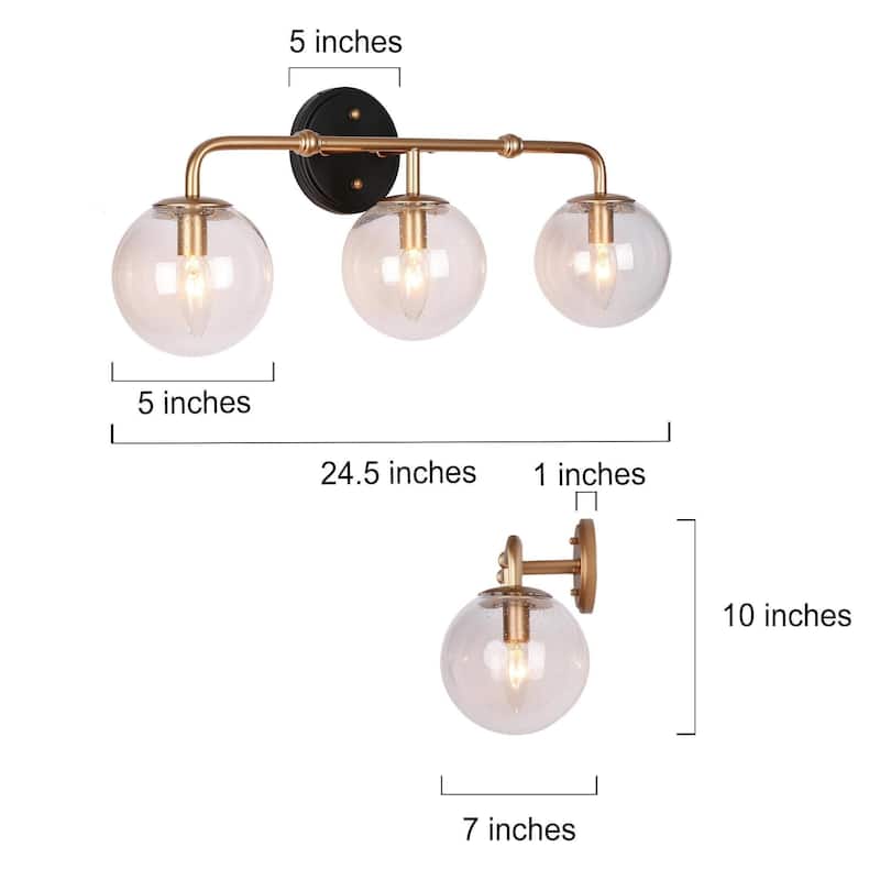 Malryn Black Gold 3-Light Bathroom Vanity Lights Glass Wall Sconces - 24.5'' L x 7" W x 10'' H