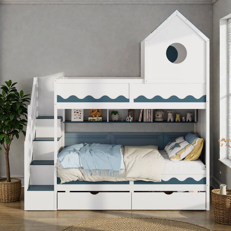 Twin Over Twin Bunk Bed with House Design, Staircase Storage Drawers and LED Lights, Kids Castle Bunk Bed - White - Twin