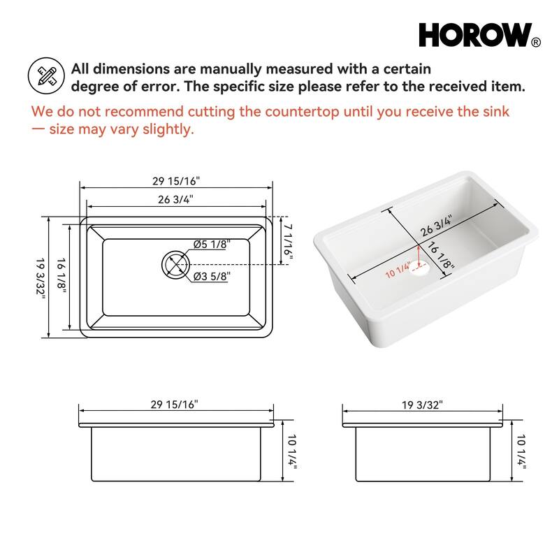 HOROW 30 in. Drop-In White Ceramic Kitchen Sink with Standard and Bottom Grid, Drain Assembly, Cutting Board