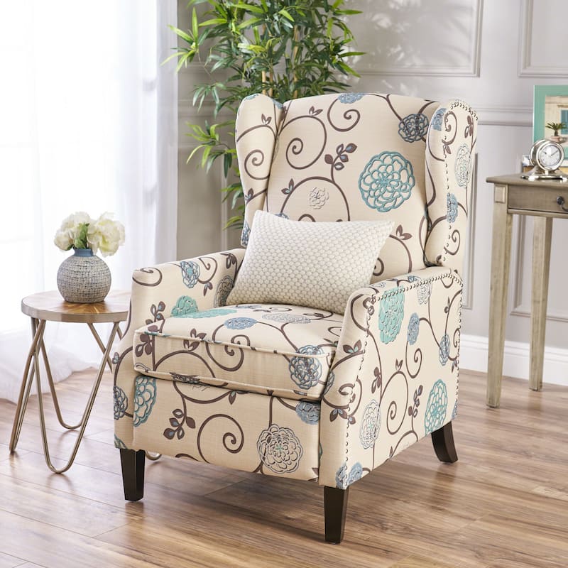 Roomfitters Floral Push-Back Recliner Chair with Wingback Design, Tapered Wood Legs - Cream