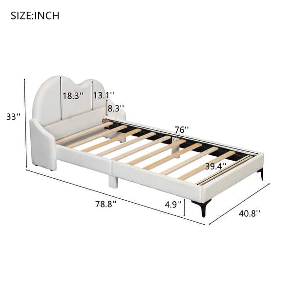 dimension image slide 1 of 2, Twin Size Upholstered Platform Bed with Cloud-Shaped Headboard, Beige - Sturdy & Comfortable Design