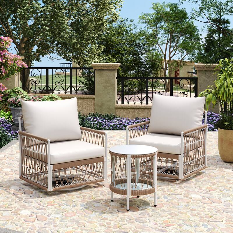 3-Piece Bohemian Outdoor Furniture Set with 2 Swivel Chairs & Tempered Glass Side Table, Waterproof Patio Conversation Set