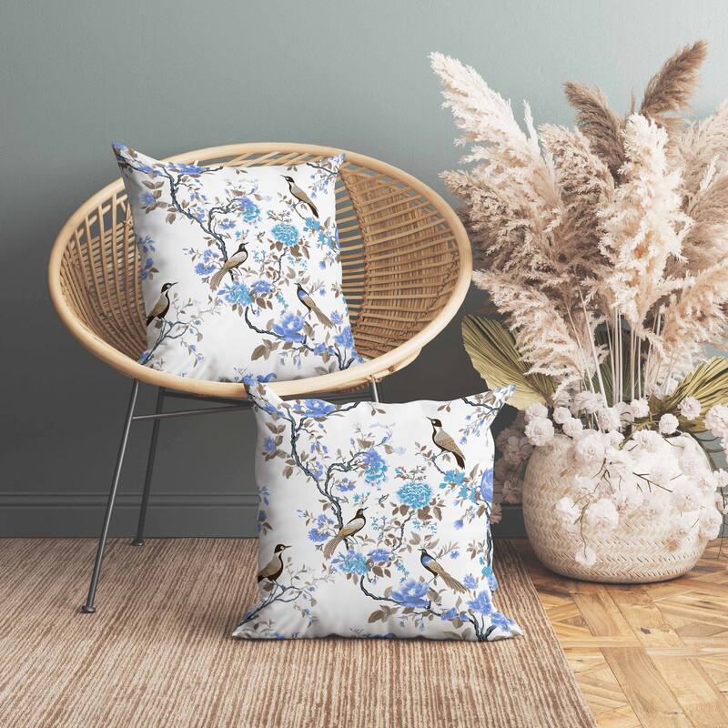 Flight of the Forest Indoor/Outdoor Reversible Throw Pillow White and Blue