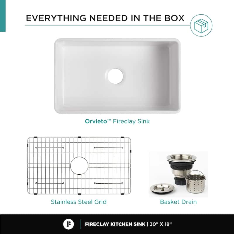 Premium White Fireclay Kitchen Sink for Home, Farmhouse (Grid & Strainer Included)
