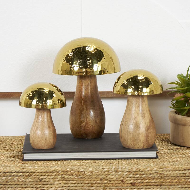 Stainless Steel Metal Mushroom Handmade Hammered Decorative Sculpture - Set of 3 Gold or Silver - Roche River Decor