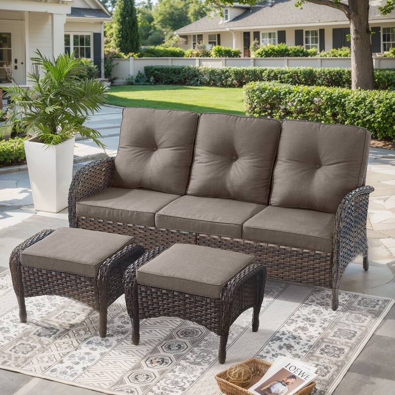 Outdoor Patio 3 Seats Sofa Couch with Ottomans - Brown - Grey
