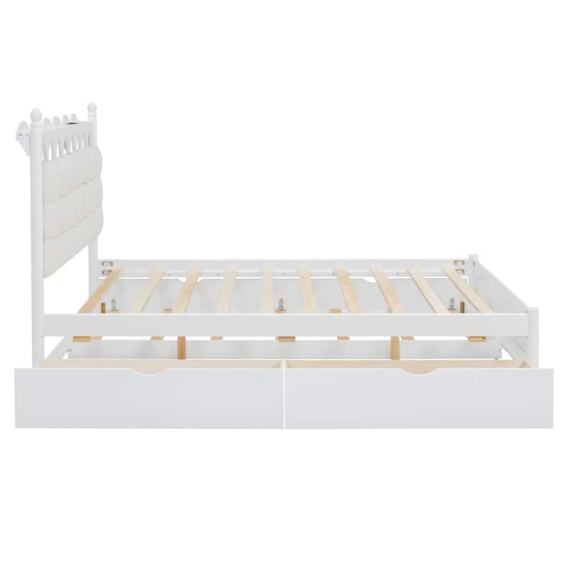 Queen Size Platform Bed with Twin XL Trundle, Wooden Storage Bed Frame with 2 Storage Drawers, One set of Sockets & USB Ports