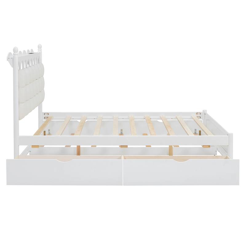 Queen Size Wood Storage Platform Bed with Twin-XL Trundle and Built-In USB Charging and 750lb Capacity