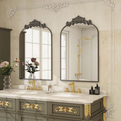 Metal Arch-top Bathroom Mirror with Baroque flower