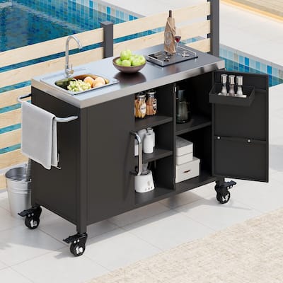 55.5" Outdoor Kitchen Island with Stainless Steel Sink & Faucet, Built-In Organizers, Metal Grill Cart Table w/ Lockable Wheels