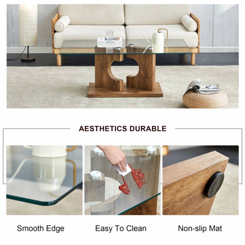 A rectangular modern and fashionable coffee table with tempered glass tabletop and black MDF legs