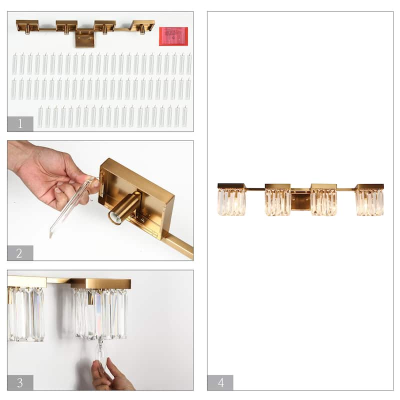 Diore Modern 4-Light Crystal Bathroom Vanity Light Gold Linear Wall Sconce - Brass Gold - L31.5"*W5.7"*H5.9"
