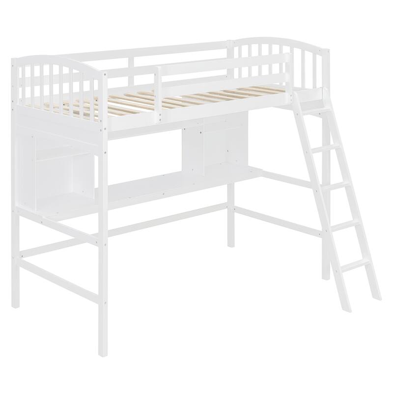 Roomfitters Twin Size Loft Bed with Desk, Storage Shelves and Ladder, White
