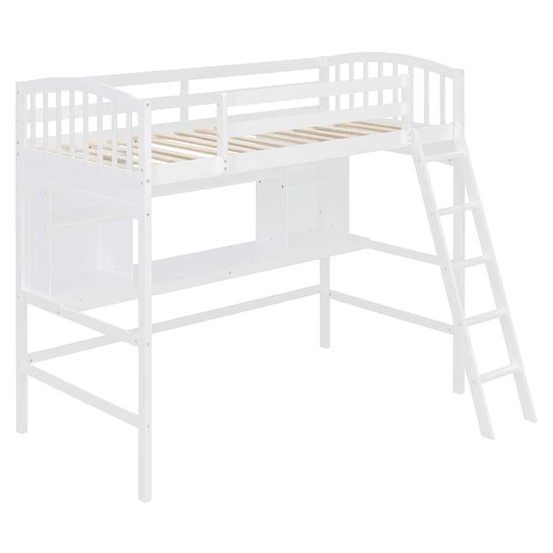 Twin size Loft Bed with Storage Shelves, Desk and Ladder, White