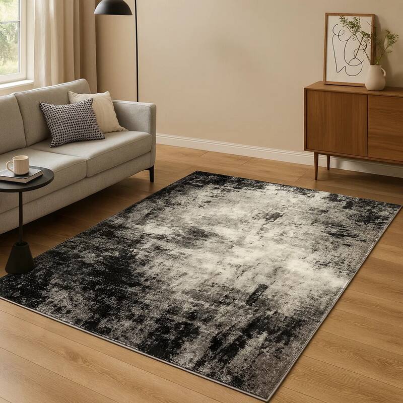Jude 5 X 7 Modern Area Rug, Abstract Art Design, Fabric, Medium, Black Gray - 5' x 7'