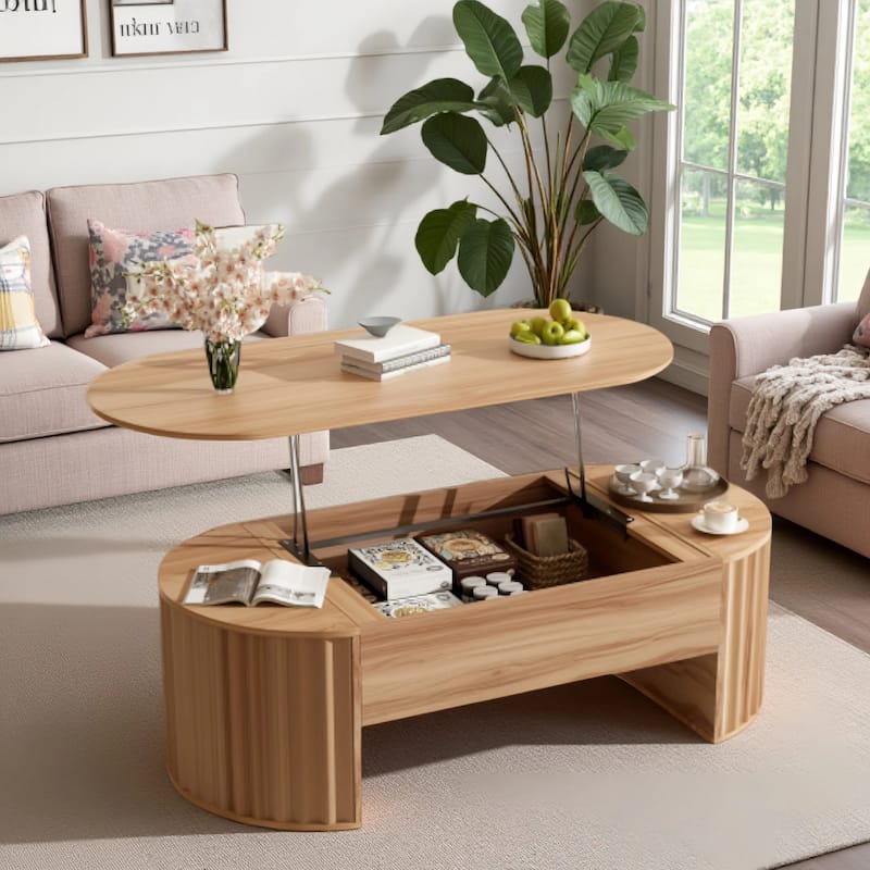 Wood Lift Top Coffee Table with Hidden Storage, 47" Oval Lift Table Top wavy grooves Design Conversation Table