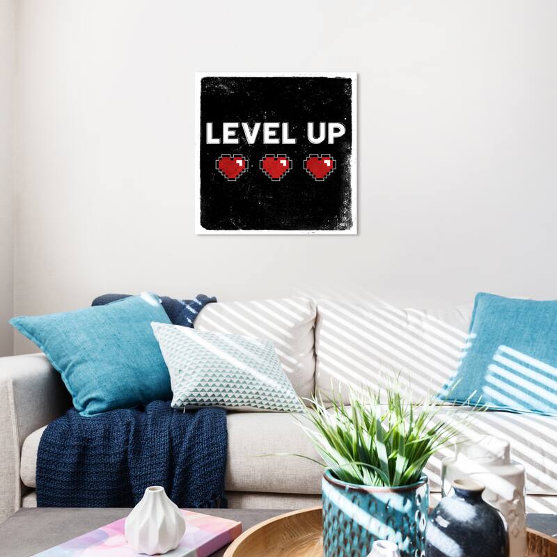 Wynwood Studio Prints Typography and Quotes Level Up Black and Scarlet Modern & Contemporary Wall Art Canvas Print - 20 x 20