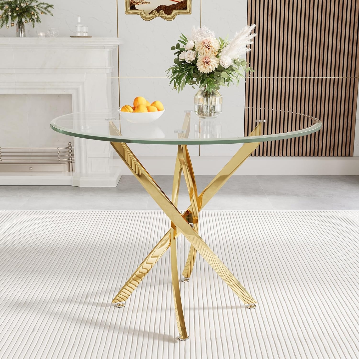 36 Inch Round Glass Dining Table with Stainless Steel Legs, Modern Design for Home, Office, or Kitchen - Gold
