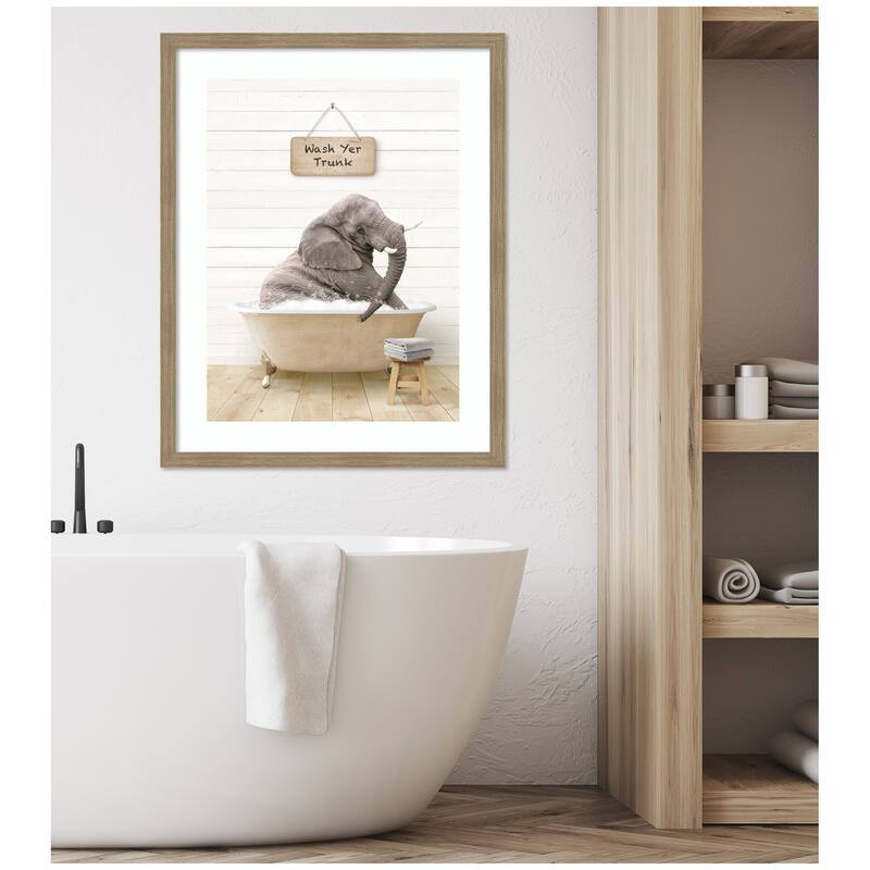 Kate and Laurel Young Elephant in Modern Bathtub Wash Your Trunk by Amy Peterson Framed Wall Art Print