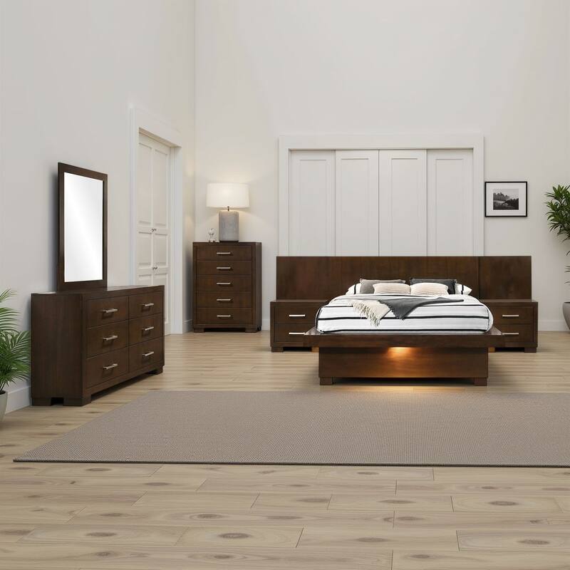 Bela 6 Piece Wall Panel Queen Bedroom Set, LED Underlight, Dark Brown