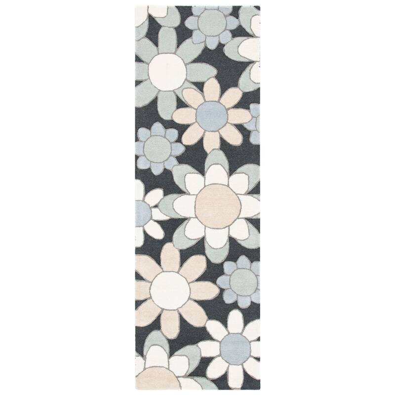 SAFAVIEH Handmade Kids Khadijah Floral Wool Rug - 2'6" x 8' Runner - Charcoal/Ivory