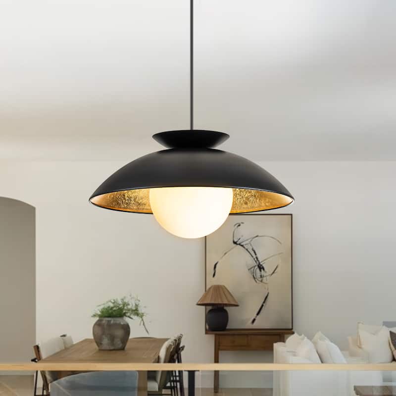 1-Light Modern Dome Gold Leaf Wood Frosted Glass Globe Bubble Pendant Light for Kitchen Island - Black-Gold Leaf