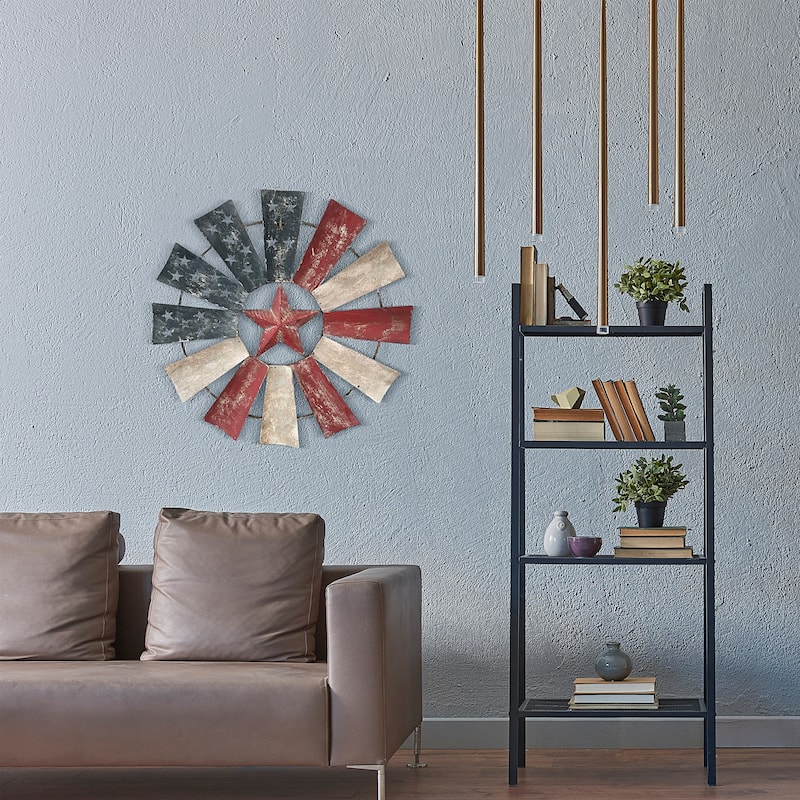 Alpine Corporation 21" Tall Indoor/Outdoor Patriotic Windmill Wall Art Decor
