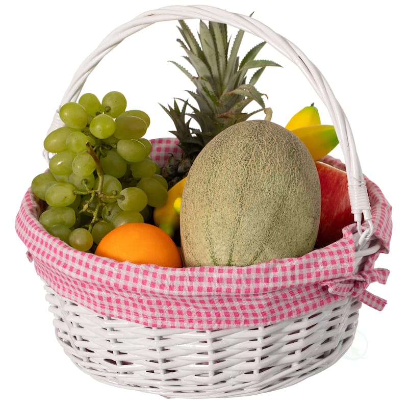 Traditional White Round Willow Gift Basket with Gingham Liner and Sturdy Foldable Handles, Food Snacks Storage Basket - Pink - Medium