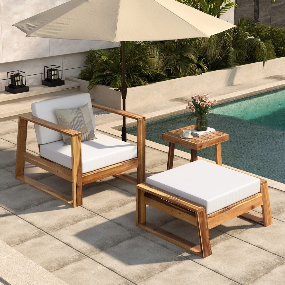 Outdoor Acacia Wood Lounge Set Includes Accent Chair, Ottoman and Side Table, 3-Piece Patio Sofa Chair Set for Garden Balcony
