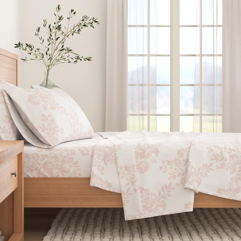 Linery & Co. Turkish Cotton Double-Brushed Printed Flannel Bed Sheet Set - California King - Toile - Blush Pink