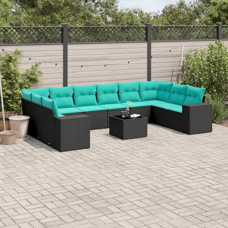 vidaXL 10 Piece Patio Sofa Set with Cushions Black Poly Rattan - 24.4 x 24.4 x 27.2-Without table