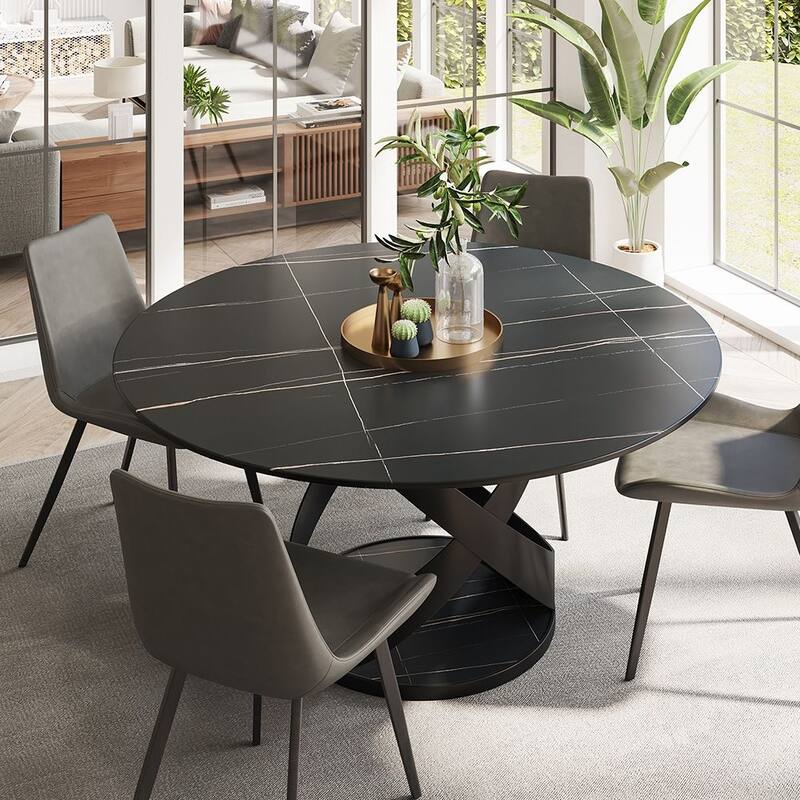 Modern Round White Glossy Dining Table with Sintered Stone Tabletop and Black X Carbon Steel Base