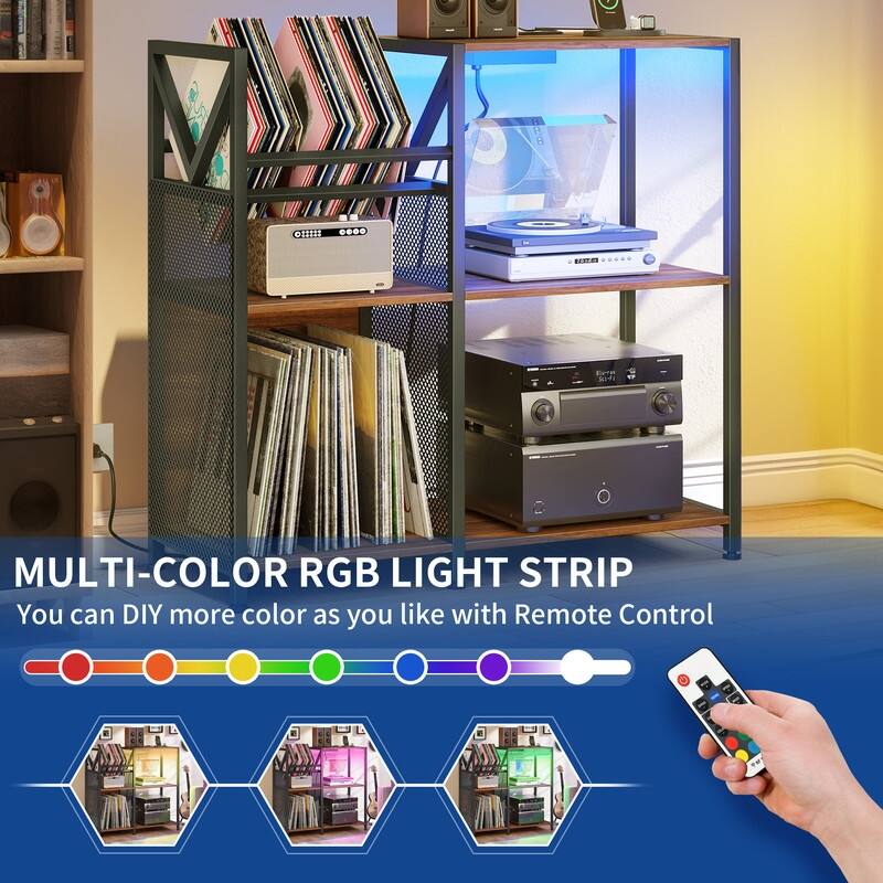 Moasis 3 Tier Record Player Stand with Power Outlets & LED Light