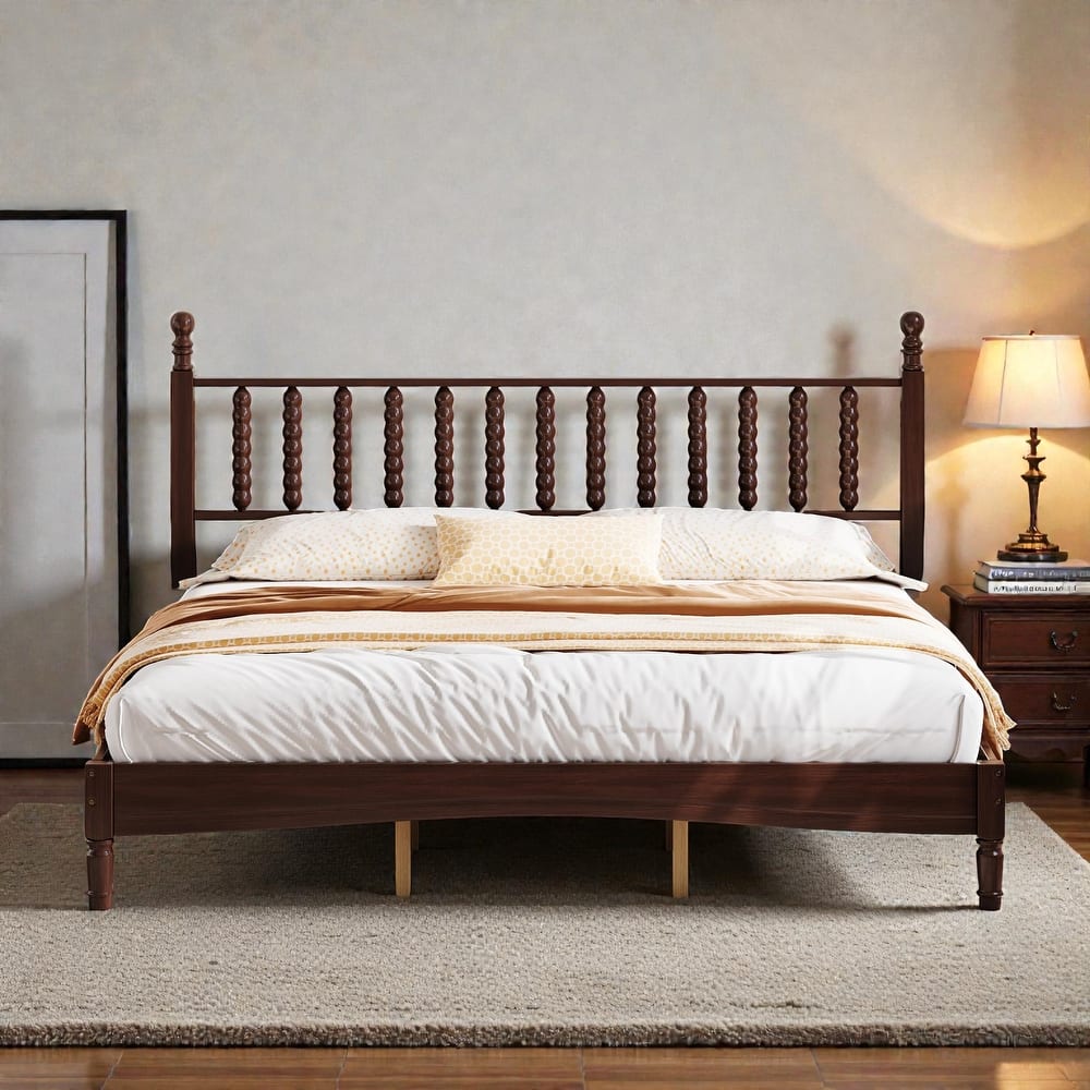 Retro Wood Platform Bed with Gourd Shaped Headboard, Wooden Slat Support, No Box Spring Needed