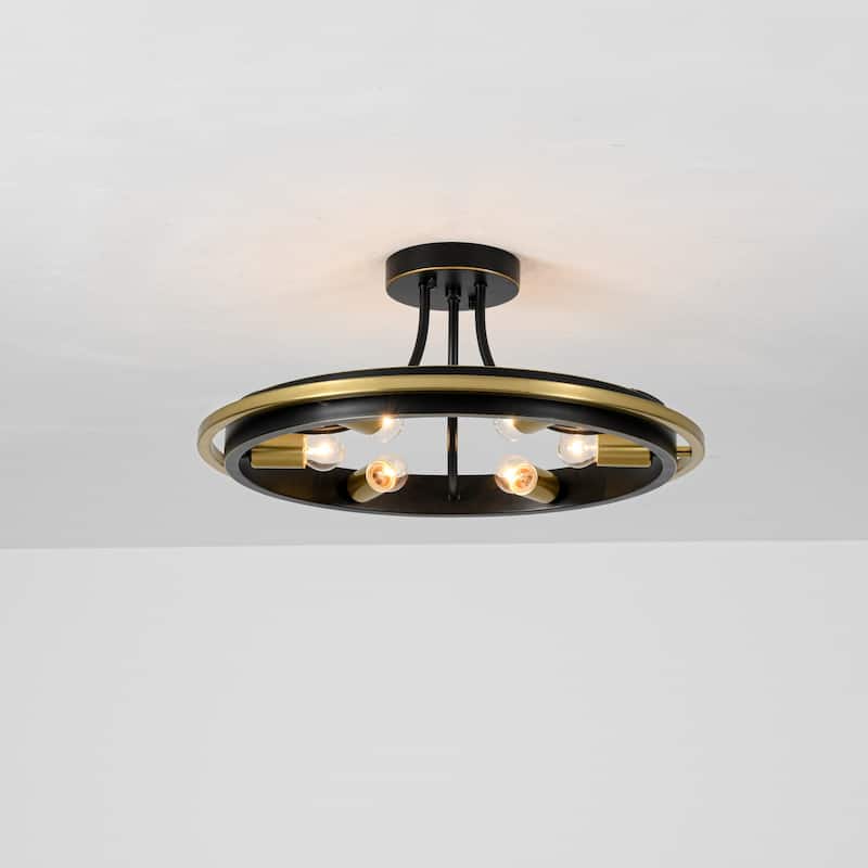 6-Light 21.7" W Industrial Mette Black & Gold Wagon-wheel Circle Ring Semi-Flush Mount Ceiling Light for Living Room, Kitchen